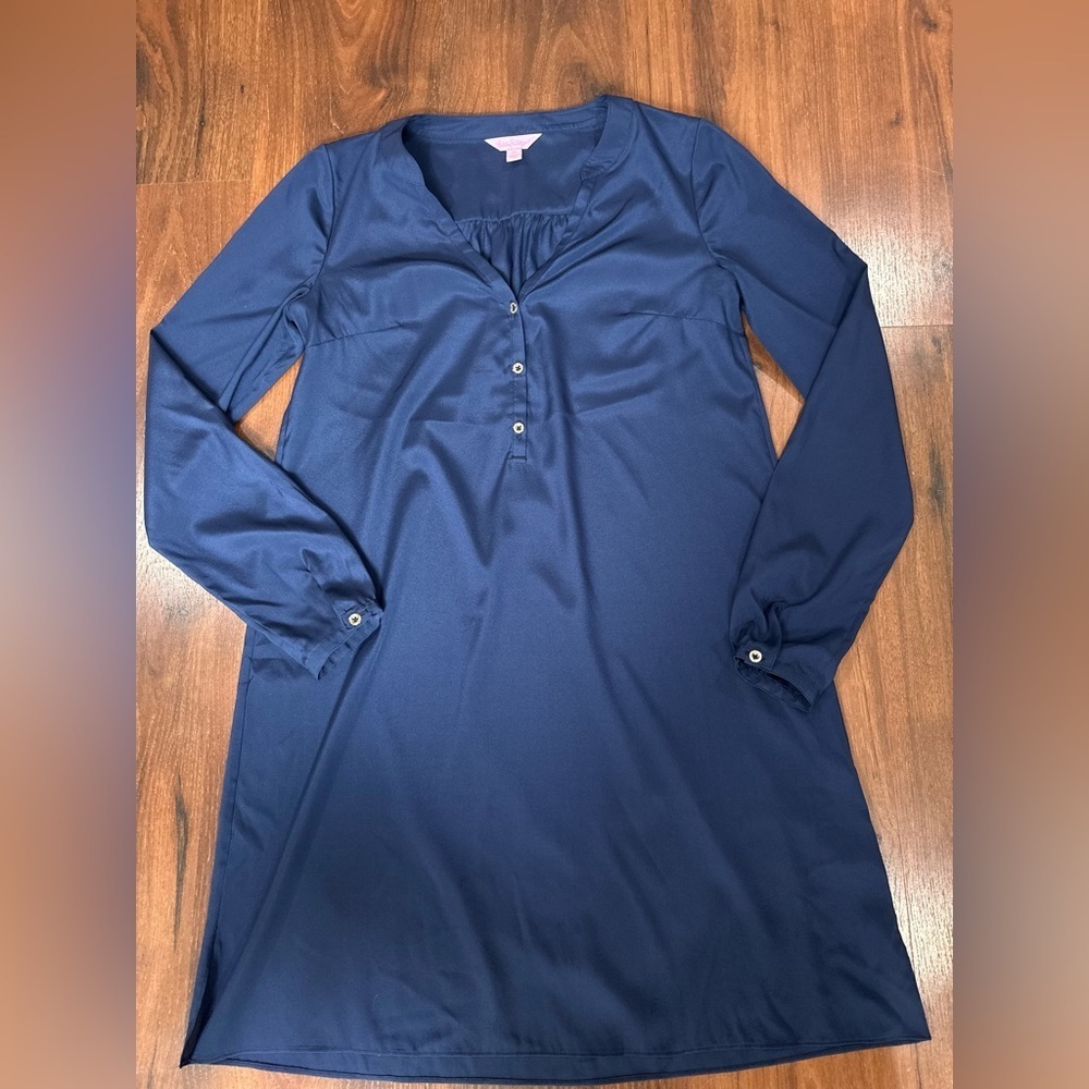 Lilly Pulitzer Womens Delphine Navy Blue Silk Long Sleeve Dress Cover up XS